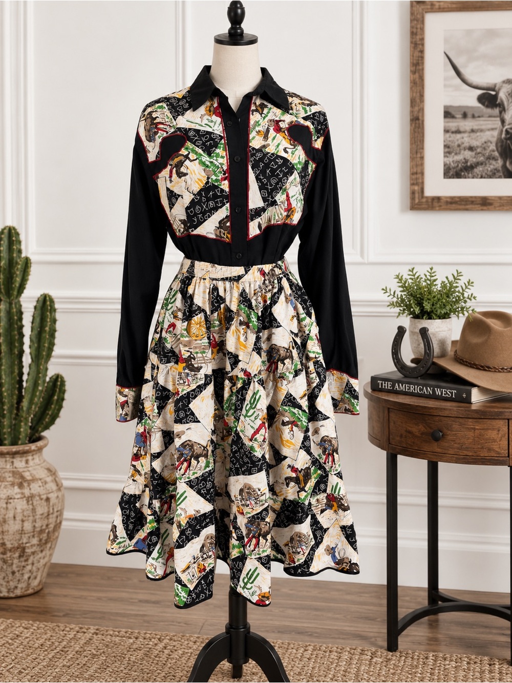 Reworked Vintage 90s Western Matching Set M Novelty Cowboy Print Co-ord Skirt